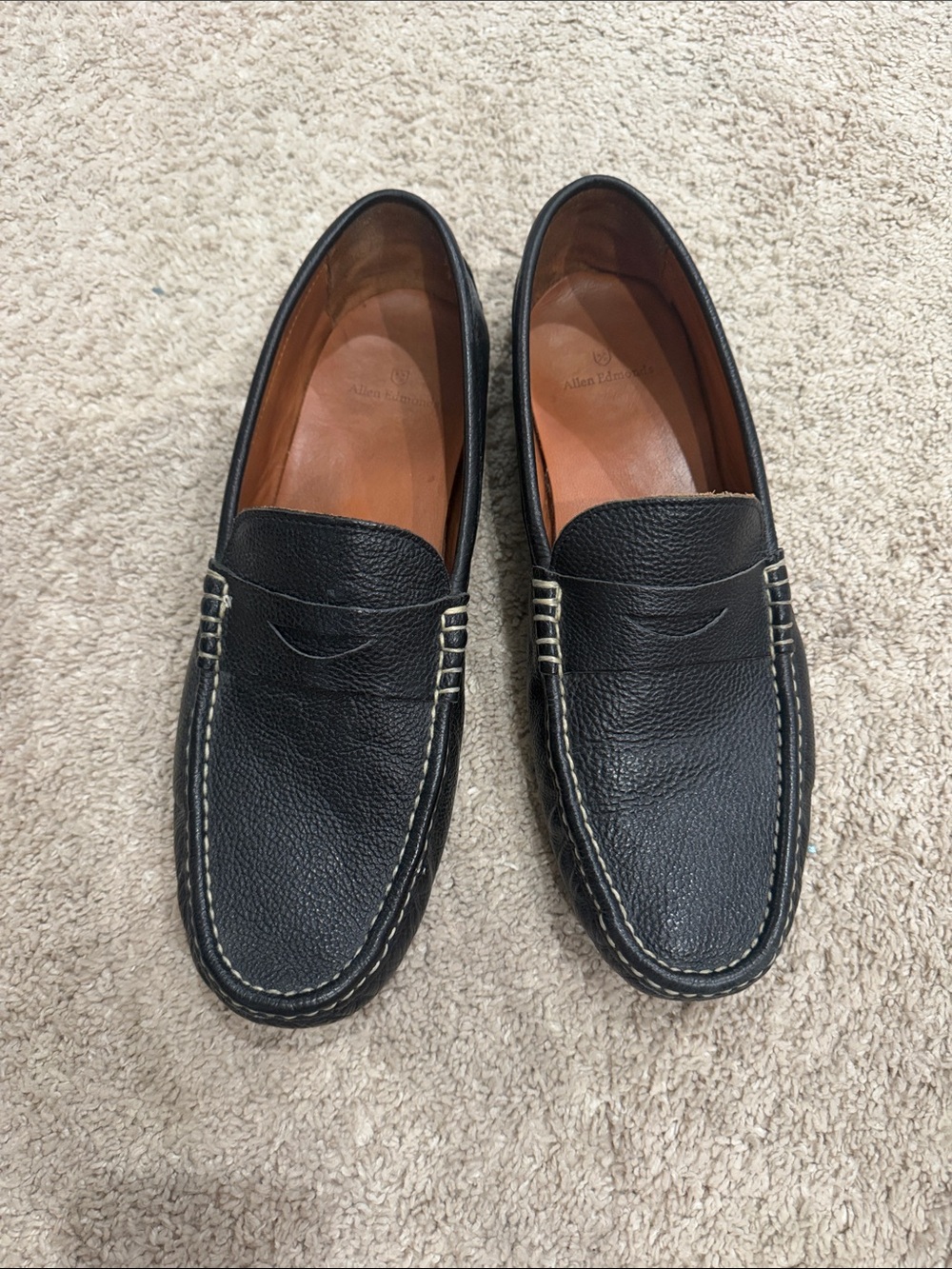 Allen Edmonds Black Pebble Leather Penny Loafers with Contrast Stitching